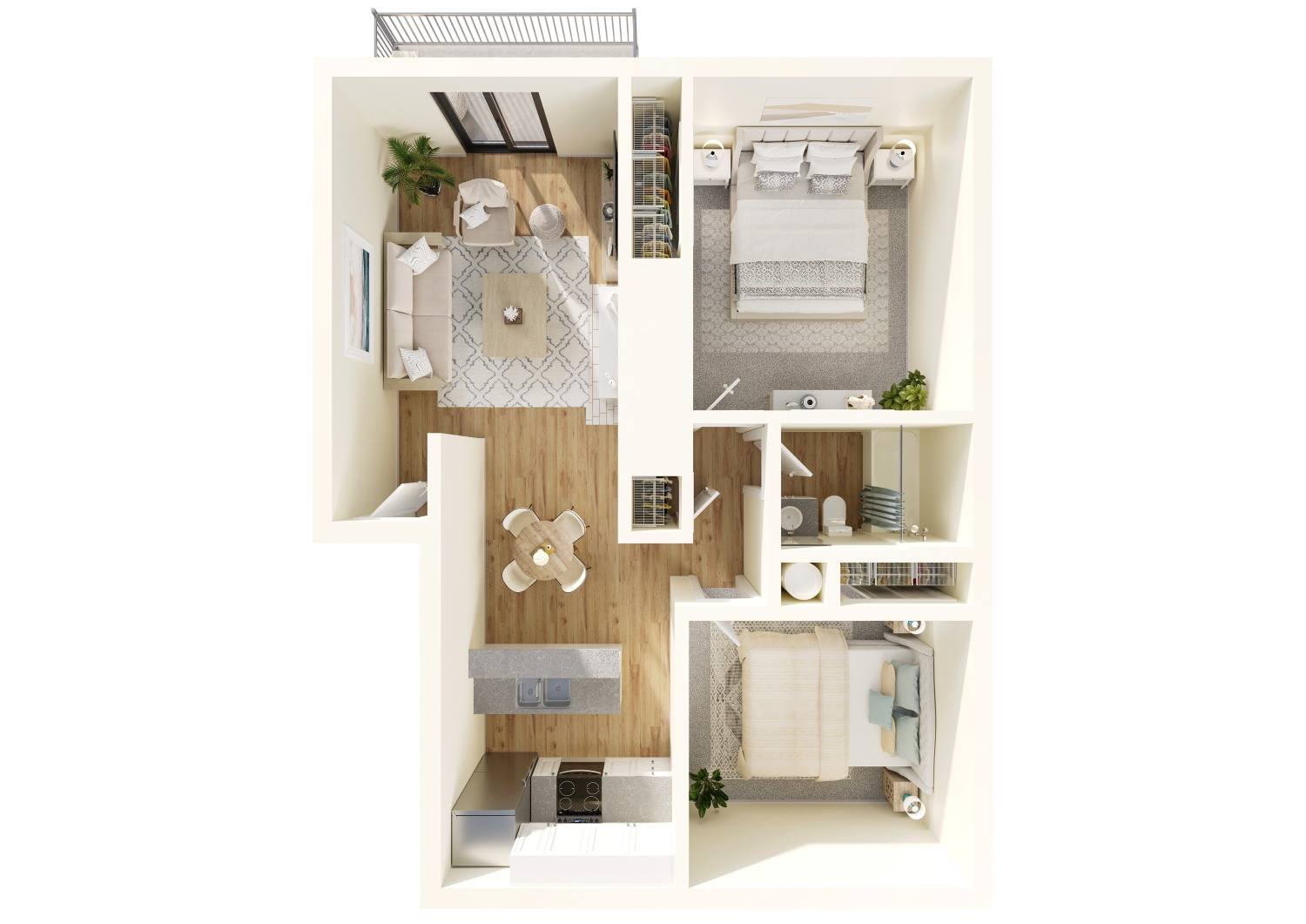 Floor plan for 2 beds, 1 bath, 750 sqft